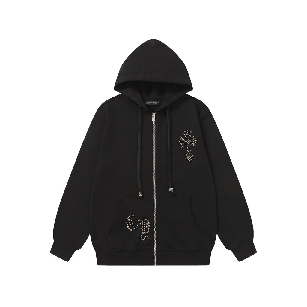 Chrome-Hearts Rhinestone Cross Hoodie - Black Gothic Streetwear Sweatshirt 2633